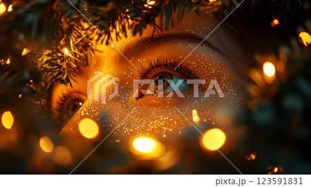 A close-up of a glitter-covered face surrounded by glowing lights and pine leaves. Concept of festive magic and wonder. A close-up of a glitter-covered face surrounded by glowing lights and pine leaves. Concept of festive magic and wonder. 123591831