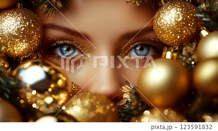 A pair of blue eyes is surrounded by shiny golden ornaments against a blurred background. Concept is festive glamour. 123591832