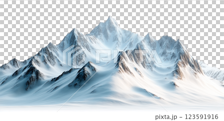 Snowy mountain range with sharp peaks and white slopes, isolated on a transparent background. Winter mountains, alpine peaks, snowy landscape, mountain range, isolated for design and projects. 123591916