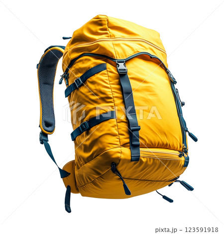 Bright yellow hiking backpack with multiple pockets and adjustable straps, isolated on a transparent background. High-quality close-up of a durable travel backpack 123591918