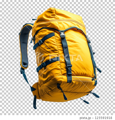 Bright yellow hiking backpack with multiple pockets and adjustable straps, isolated on a transparent background. High-quality close-up of a durable travel backpack 123591918