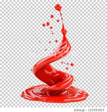 Dynamic red liquid splash forming a spiral shape with scattered droplets, isolated on a transparent background. High-quality close-up, perfect for design elements, advertising. 123591923