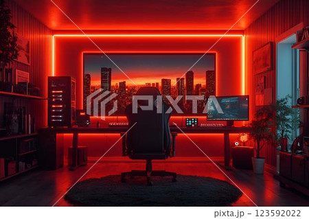 High-end gaming room with neon lighting, dual monitors, gaming chair, and an immersive futuristic setup 123592022