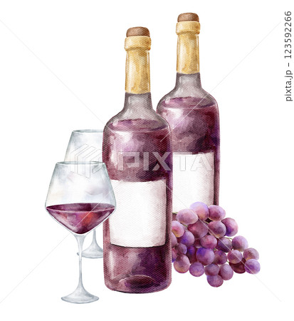watercolor illustration wine bottle glass and grapes on white background, violet wine, bottle and bunch of grapes isolated on white,table for two,for menu, holidays, tasty drink and food, fun watercolor illustration wine bottle glass and grapes on white background, violet wine, bottle and bunch of grapes isolated on white,table for two,for menu, holidays, tasty drink and food, fun 123592266