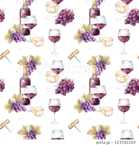 watercolor seamless pattern, repeating tile,for kitchen, wine bottle glasses, grape and cheese clipart, white and red wine, violet drink,on white background, juicy grapes, bunch of lilac grapes, ripe 123592269