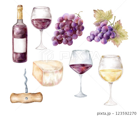 watercolor illustration wine bottle glasses, grape and cheese clipart, white and red wine, violet drink, clipart isolated on white background, juicy grapes, bunch of lilac grapes, ripe watercolor illustration wine bottle glasses, grape and cheese clipart, white and red wine, violet drink, clipart isolated on white background, juicy grapes, bunch of lilac grapes, ripe 123592270