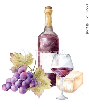 watercolor illustration wine bottle glass and grapes on white background, elegant composition,date food and drinks,glass of red wine and bunch of grapes,violet wine, isolated on white, cheese watercolor illustration wine bottle glass and grapes on white background, elegant composition,date food and drinks,glass of red wine and bunch of grapes,violet wine, isolated on white, cheese 123592271