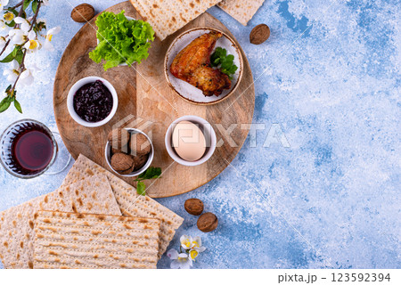 Traditional Passover Seder plate with symbolic foods. Symbolic of Jewish holiday Pesah. Traditional Passover Seder plate with symbolic foods. Symbolic of Jewish holiday Pesah. 123592394