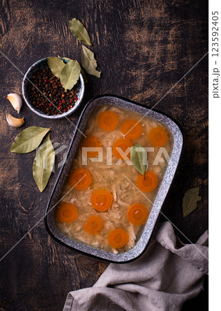 Aspic with chicken meat and carrot Aspic with chicken meat and carrot 123592405