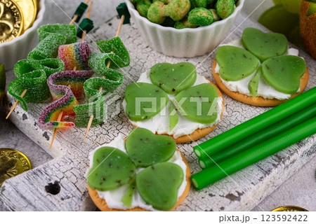 St. Patricks Day party food, green beer and shamrock St. Patricks Day party food, green beer and shamrock 123592422