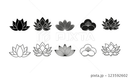Lotus flowers black and white collection. Minimalistic simple illustrations, icons and logos set. Lotus flowers black and white collection. Minimalistic simple illustrations, icons and logos set. 123592602