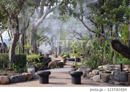 ミストシャワーの出る緑の植物のある公園の遊歩道の風景 ミストシャワーの出る緑の植物のある公園の遊歩道の風景 123592884