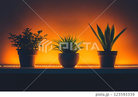 Three potted plants on a floating shelf illuminated by warm orange LED lights. A stylish and cozy home decor Three potted plants on a floating shelf illuminated by warm orange LED lights. A stylish and cozy home decor 123593339