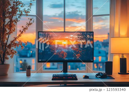 Minimalist gaming desk setup with a large monitor displaying a vibrant sunset. soft ighting enhances the atmosphere Minimalist gaming desk setup with a large monitor displaying a vibrant sunset. soft ighting enhances the atmosphere 123593340
