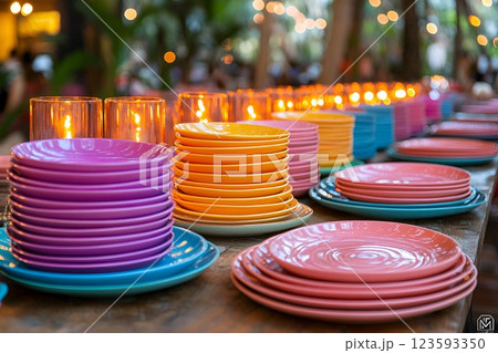 Festive outdoor dinner table with stacked colorful plates and candlelit ambiance for a celebration 123593350