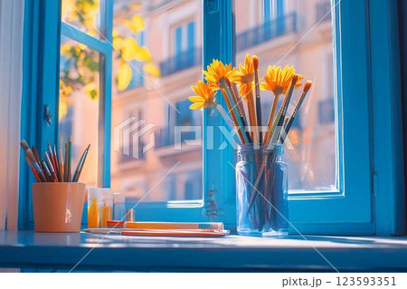 Bright workspace with paintbrushes in a glass jar on a blue window sill, illuminated by warm sunlight Bright workspace with paintbrushes in a glass jar on a blue window sill, illuminated by warm sunlight 123593351