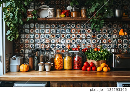 Cozy rustic kitchen with spices and fresh vegetables 123593366