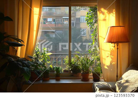 Sunny window with potted plants and warm curtains in a cozy home Sunny window with potted plants and warm curtains in a cozy home 123593370