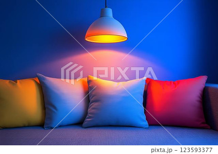 Colorful minimalist living room with a modern sofa, vibrant pillows, and stylish hanging lamp casting warm ambient light 123593377