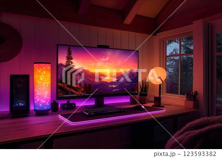 Cozy gaming setup with a large monitor displaying a scenic sunset, ambient RGB lighting, and stylish decor 123593382