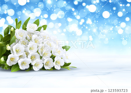 Beautiful White Flowers with Green Leaves on a Bright Blue Sky Background for Design Projects 123593723