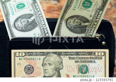 Handbag,clutch.Purse,wallet with money.Banknotes one two ten dollars Handbag,clutch.Purse,wallet with money.Banknotes one two ten dollars 123593791