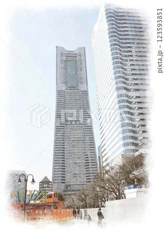 水彩画風 横浜 みなとみらい 水彩画風 横浜 みなとみらい 123593851