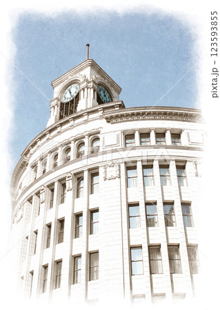 水彩画風 銀座 服部時計店 水彩画風 銀座 服部時計店 123593855