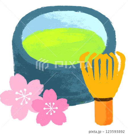 シンプルイラスト　クレヨンタッチ　抹茶と桜 123593892