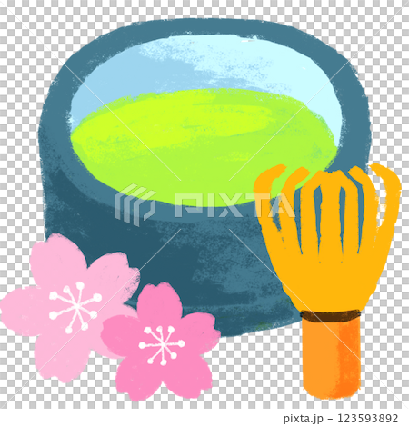 シンプルイラスト　クレヨンタッチ　抹茶と桜 123593892