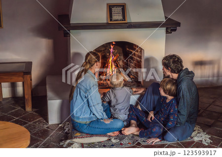 Family bonding by the fireplace during cozy winter evening. Warm and peaceful family moment indoors. Togetherness, love, and relaxation concept. A warm and inviting scene featuring a lit fireplace Family bonding by the fireplace during cozy winter evening. Warm and peaceful family moment indoors. Togetherness, love, and relaxation concept. A warm and inviting scene featuring a lit fireplace 123593917