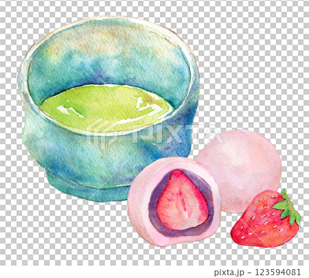 水彩插圖：抹茶和草莓大福套餐 123594081