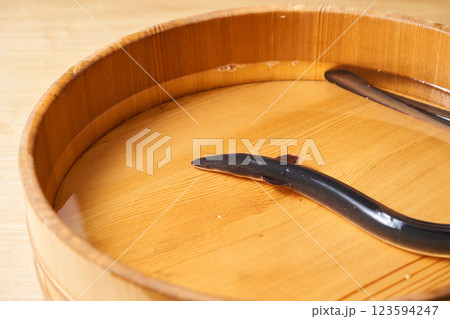 桶の中で泳ぐ鰻 123594247