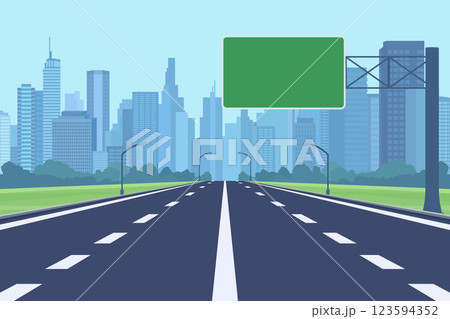 Flat Vector Highway Entering Modern City With Skyscrapers. Scenic Urban Road Leading Into Metropolis Background. Green Rectangular Blank Sign For Text. Urban Development, Cityscape Design Flat Vector Highway Entering Modern City With Skyscrapers. Scenic Urban Road Leading Into Metropolis Background. Green Rectangular Blank Sign For Text. Urban Development, Cityscape Design 123594352
