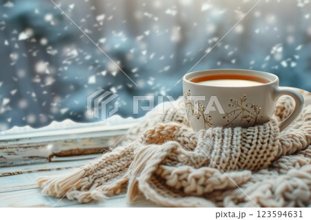 Cozy tea by frosted window with knit scarf. Neural network AI generated 123594631
