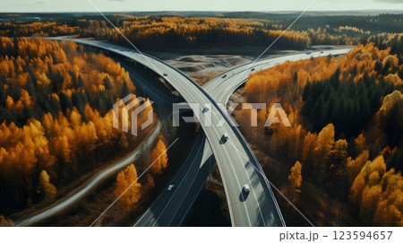 Serene autumn highway over forest. Neural network AI generated Serene autumn highway over forest. Neural network AI generated 123594657