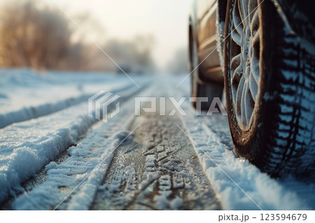 Car on snow-covered winter road at sunrise. Neural network AI generated 123594679