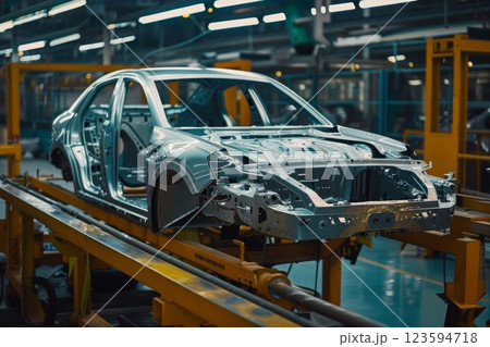 Assembly line car frame in industrial setting. Neural network AI generated 123594718