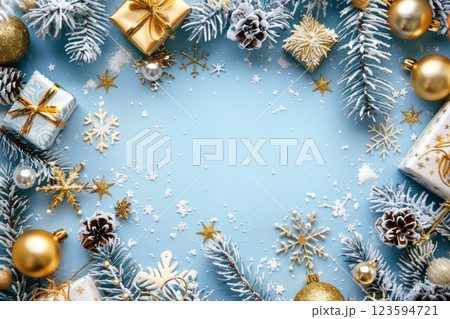 Holiday round Frame with New Year decoration and fir, blue and pearly balls. Christmas greeting card. Neural network ai generated 123594721