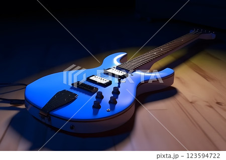 Blue electric guitar in spotlight on wood floor. Neural network AI generated 123594722