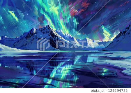 Northern lights over snowy mountain and lake scene. Neural network AI generated 123594723