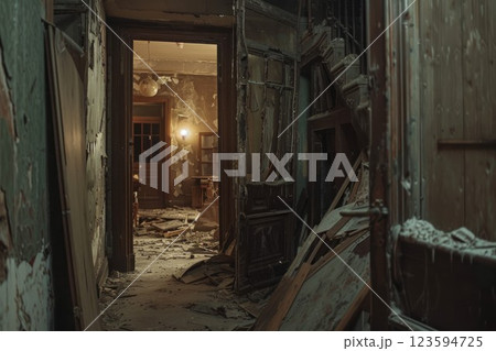Ruined apartment of deserted hotel, old room with damaged cracked walls, abandoned house. Neural network ai generated 123594725