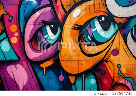 Vibrant abstract street art on brick wall. Neural network AI generated 123594736