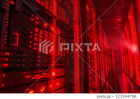 Shot of Data Center With Multiple Rows of Fully Operational Server Racks. Neural network ai generated 123594786