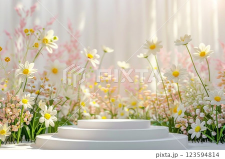 Cylinder podium for product placement surrounded by different flowers. Neural network ai generated Cylinder podium for product placement surrounded by different flowers. Neural network ai generated 123594814
