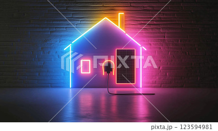 オール電化のスマートホームの未来を象徴するネオン風アイコン電化電気料金 123594981