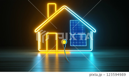オール電化のスマートホームの未来を象徴するネオン風アイコン電化電気料金 123594989