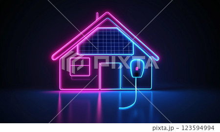 オール電化のスマートホームの未来を象徴するネオン風アイコン電化電気料金 123594994