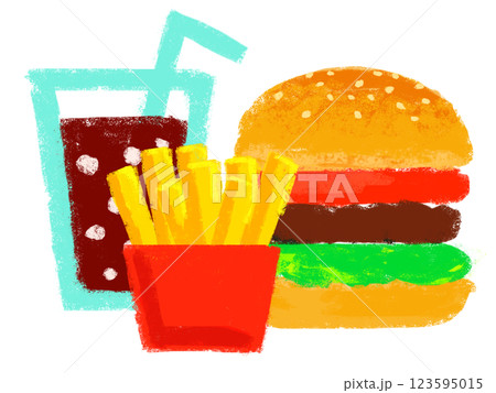 ハンバーガーとポテトのセット　シンプルイラスト　クレヨンタッチ 123595015