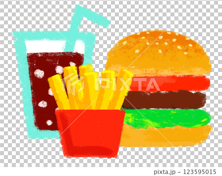 ハンバーガーとポテトのセット　シンプルイラスト　クレヨンタッチ 123595015